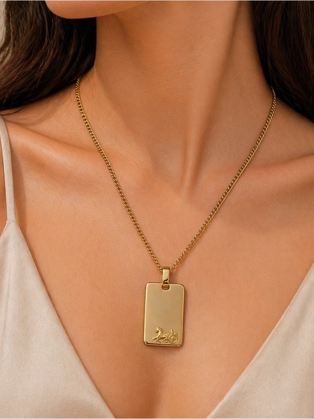 Authentic Celine Gold Rectangular Pendant Necklace - Women Jewelry